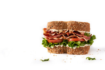 BLT sandwich with bacon,lettuce and tomato isolated on white background.Copy space	