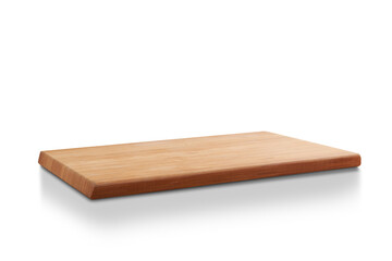 new rectangular wooden cutting board, in top of wooden table with a minimalistic limbo background