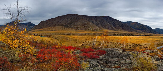 Russia. South of Western Siberia. Mountain Altai. Early October on the Chui highway near the village of Kupchegen.