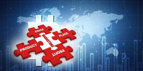 3d illustration marketing text in Piece of puzzle