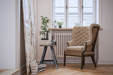 reading corner in old downtown vintage apartment