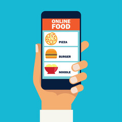 hand holding cellphone for online shopping food. vector illustration