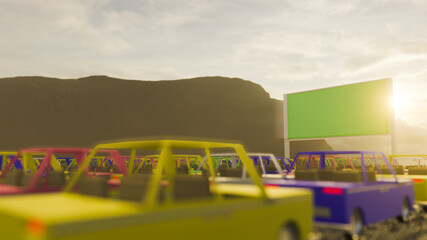 3d render Open air, outdoor or drive-in cinema theater at night and day. Large movie screen glowing in darkness surrounded by cars against evening sky with stars and clouds on background. green screen