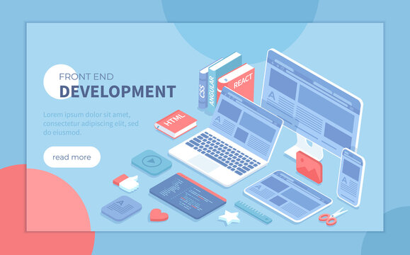 Front-end Development, Creating a site layout, template. Converting data into a graphical UI UX interface. Web development, design, graphic, usability. Isometric vector illustration for website