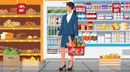 Supermarket store interior with goods. Big shopping mall. Interior store inside. Woman customer with basket, grocery, drinks, food, fruits, dairy products. Vector illustration in flat style
