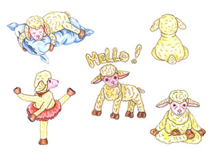 Set of watercolor stickers of cartoon sheep in different poses