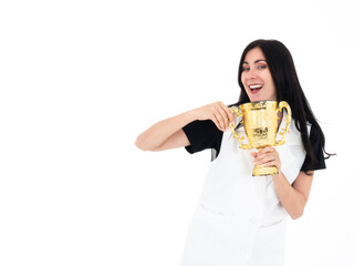 Caucasian pretty girl laugh smile and hold shiny gold trophy cup which prize from excellent leadership working in the company office isolated on white background