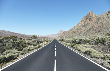 Scenic road in Teide National Park, color toning applied, Tenerife, Spain.