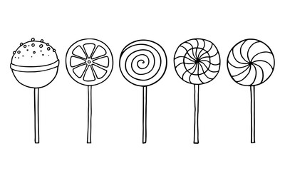 Set of hand drawn sweet sweets. Lollipops are round. One is in the shape of an orange. For the menu, holiday, party. Vector illustration in doodle outline style.