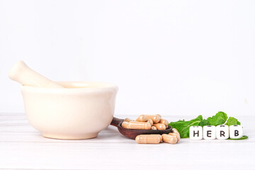 Alternative medicine herbal organic capsule  with herbs leaf natural supplements for healthy good life..