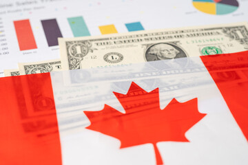 Canada flag on dollar banknotes; business and finance concept.