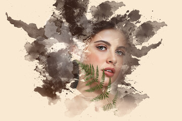 Portrait of a beautiful brunette girl showing through watercolor paints on a beige background