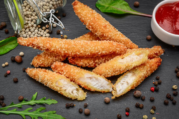 Fish fried nuggets on a black stone board