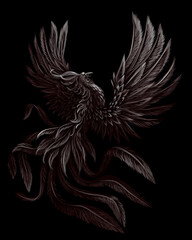 Phoenix. Black and white, graphic, digital drawing of the phoenix bird on a black background. Vector graphics. Separate layers.
