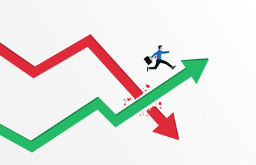 Business concept. Businessman jumping over green arrow graph illustration.