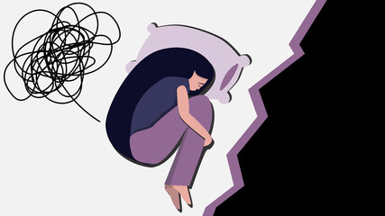 Vector graphics.  On the pillow lies the silhouette of a lonely woman hugging her knees. Emotions are on the edge, thoughts are confused. The concept of sadness, loneliness, sadness, depression.