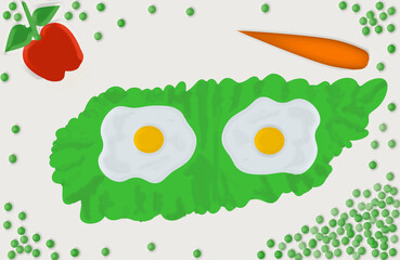 3 D - rendering. There are two fried eggs on a green leaf of lettuce. Nearby are red peppers, carrots and green peas around.