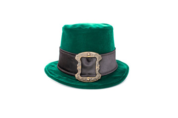 Green leprechaun hat with gold buckle isolated on white background. concept of St Patricks Day....