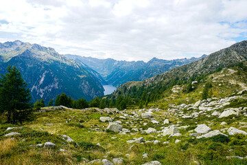 View to the Lago del Sambuco from the Corte della Sassina alp, Switzerland