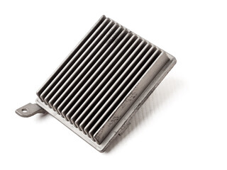 Car heater fan speed regulator on white isolated background. Catalog of spare parts for vehicles.