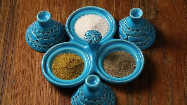 Traditional Moroccan handmade ceramic pepper, salt and cumin set