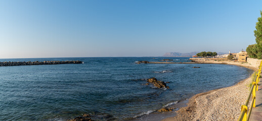 Panorama of picturesque marin of Chania is one of landmarks and tourist destinations of Crete island in the morning on sunrise. Chania, Crete, Greece