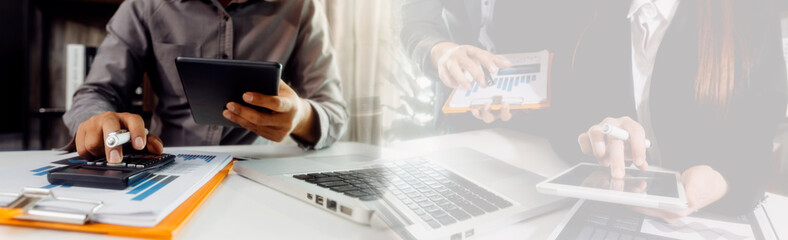 Searching Browsing Internet Data Information with blank search bar.businessman working with smart phone, tablet and laptop computer on desk in office. Networking Concept