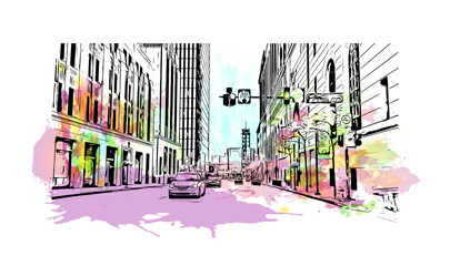 Building view with landmark of Pittsburgh is the
city in Pennsylvania. Watercolour splash with hand drawn sketch illustration in vector.