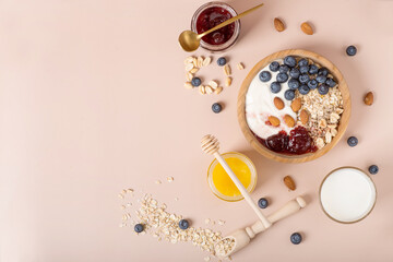 Yogurt with granola and fresh blueberries, in glass bowl