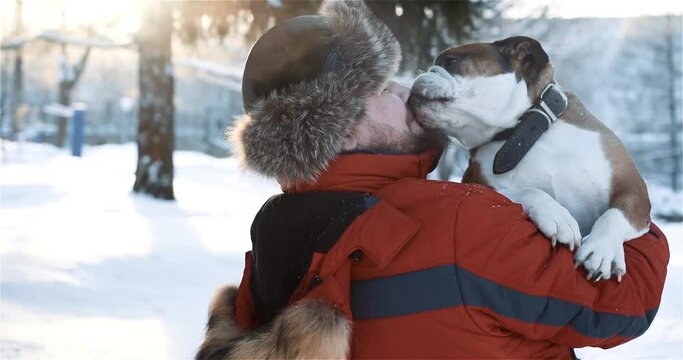 Close up of young bearded man hugging and gently kissing his cute friend English bulldog. Portrait og guy having fun with his pure breed dog at winter time outside. Animals, pets, human friendship