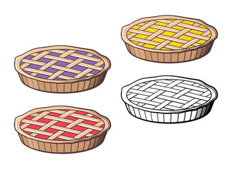 Set of sweet pies with different fruit or berry filling. Retro style vector illustration, black and white and colored version. Isolated on white background