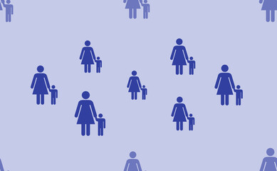 Seamless pattern of large isolated blue woman with child symbols. The pattern is divided by a line of elements of lighter tones. Vector illustration on light blue background
