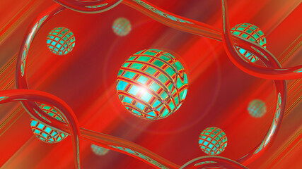 Abstract red background with green spheres.