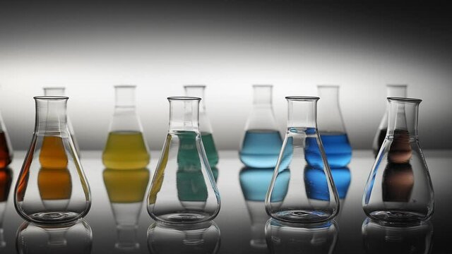 Empty and mixed color liquid filled laboratory flasks reflecting on table
