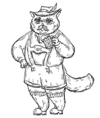 Cat dressed in national bavarian clothes and holding beer glass. Vintage monochrome hatching