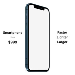 smartphone frameless blue color with blank screen saver isolated on white background. mockup of realistic and detailed new mobile phone with shadow. stock vector 3d isometric illustration