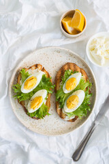 Two egg's sandwiches with cream cheese, green salad and lemon on the white plate,  on light background.