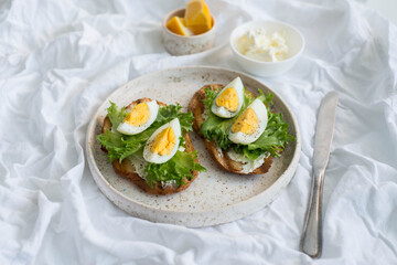 Two egg's sandwiches with cream cheese, green salad and lemon on the white plate,  on light background.