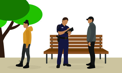 Police officer in uniform writing a fine to a male character outdoors and a female character walking by