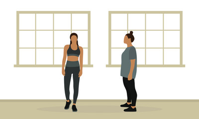 Slim female character and fat female character in sportswear together in a room