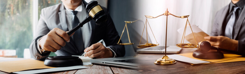 Business and lawyers discussing contract papers with brass scale on desk in office. Law, legal services, advice, justice and law concept picture with film grain effect