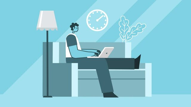 Flat Graphic Design Bold Man Cartoon Character Work At Home From Laptop Sitting on Couch and Chatting