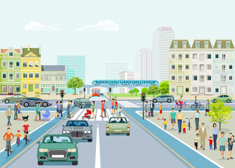 Stadt mit Straßenverkehr, Hochhäuser, Wohnhäuser und Fußgänger auf den Bürgersteig, Illustration,