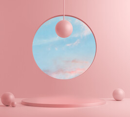 3D render, abstract background with pink podium and minimal summer scene.