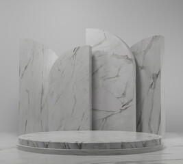 3d podium marble on white background. Scene to show cosmetic products. Showcase, display case.
