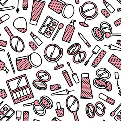 Vector seamless pattern of cosmetics elements with flat line icons