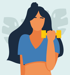 Athletic girl with dumbbells in hand on abstract background of monstera leaves