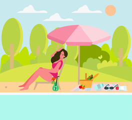 Obraz na płótnie Canvas A girl is sitting in a sunbed on the beach by the lake or sea, a girl by the pool under an umbrella. Picnic in nature