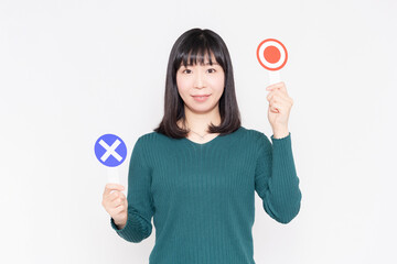 白い壁の前に立って、OKとNGのプラカードを持っている女性