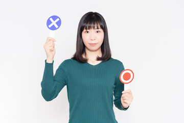 白い壁の前に立って、OKとNGのプラカードを持っている女性